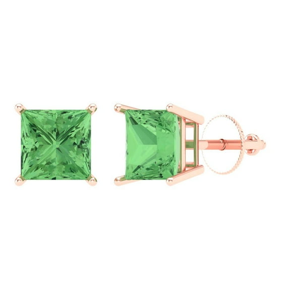 Clara Pucci 3Ct Green Princess Cut VVS1 Screw Back Stud 14k Solid hypoallergenic Gold Designer Earrings For April