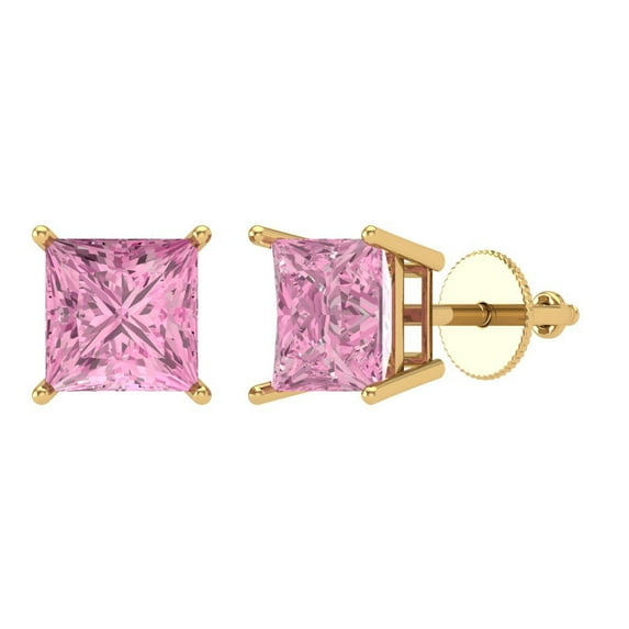 Clara Pucci 3Ct Pink Princess Cut VVS1 Screw Back Stud 18k Solid hypoallergenic Gold Designer Earrings For April