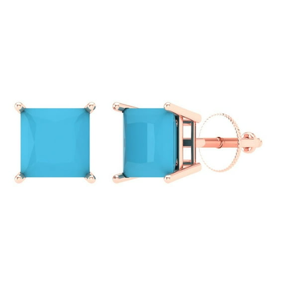 Clara Pucci 3Ct Turquoise Princess Cut VVS1 Screw Back Stud 14k Solid hypoallergenic Gold Designer Earrings For December