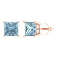 thumbnail image 1 of 14K Solid Gold Screw Back Stud Earrings for Women | 4 cttw Princess Cut Natural Sky Blue Topaz | Rose Gold, 1 of 5