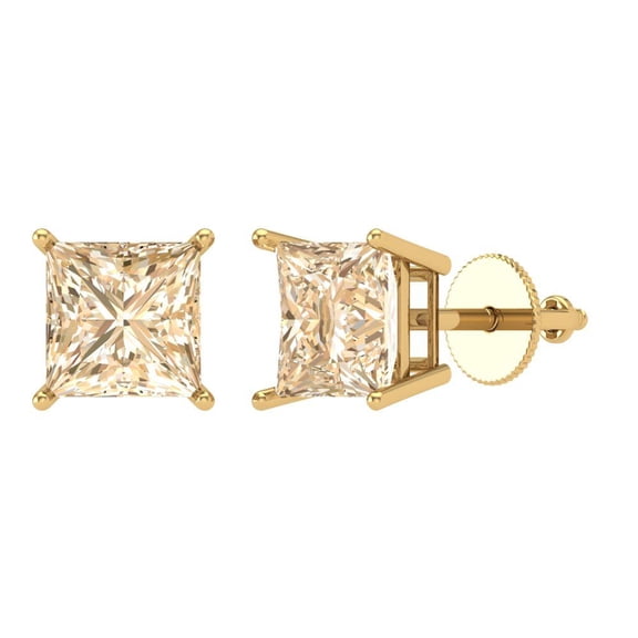 4 ct Screw-Back Stud Earrings for Women | 7.0mm Princess Cut Natural Morganite | 18K Yellow Gold