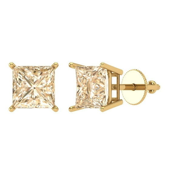 4 ct Screw-Back Stud Earrings for Women | 7.0mm Princess Cut Natural Morganite | 18K Yellow Gold