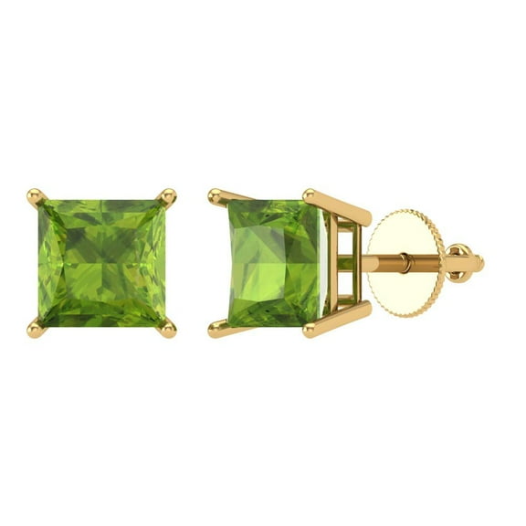 4 ct Screw-Back Stud Earrings for Women | 7.0mm Princess Cut Natural Peridot | 18K Yellow Gold