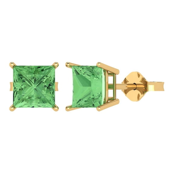 14K Solid Gold Push Back Stud Earrings for Women | 4 cttw Princess Cut Simulated Green Diamond | Yellow Gold