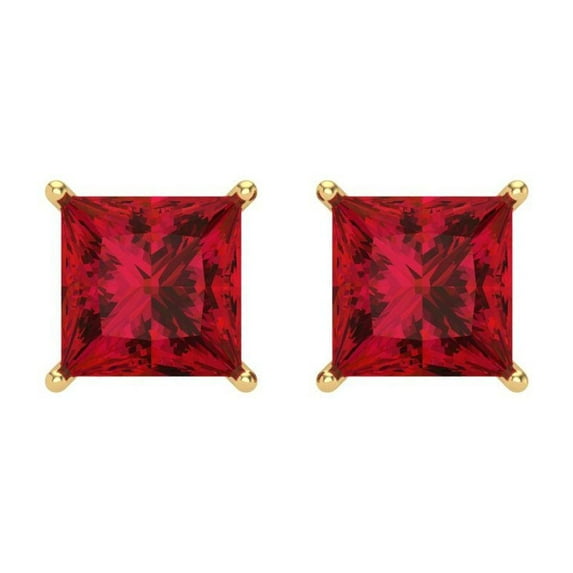 4 ct Screw-Back Stud Earrings for Women | 7.0mm Princess Cut Simulated Ruby | 18K Yellow Gold
