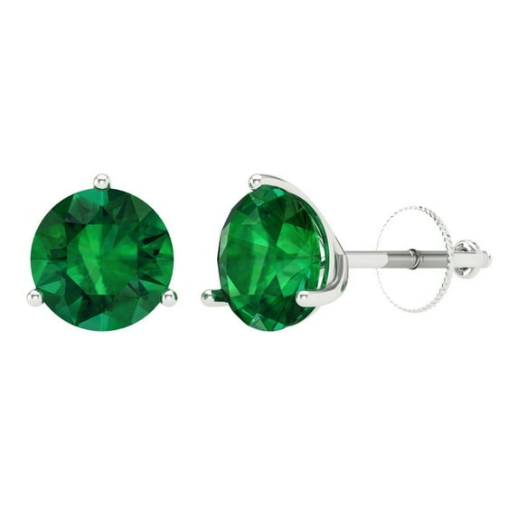 4 ct Screw-Back Stud Earrings for Women | 8.0mm Round Cut Simulated Emerald | 18K White Gold