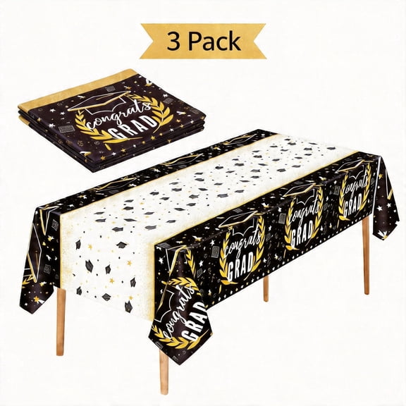 3-Pack 2026 Graduation Disposable Tablecloths, Congrats Grad Plastic Table Covers for Party Decorations, 54 x 108 Inch, Black