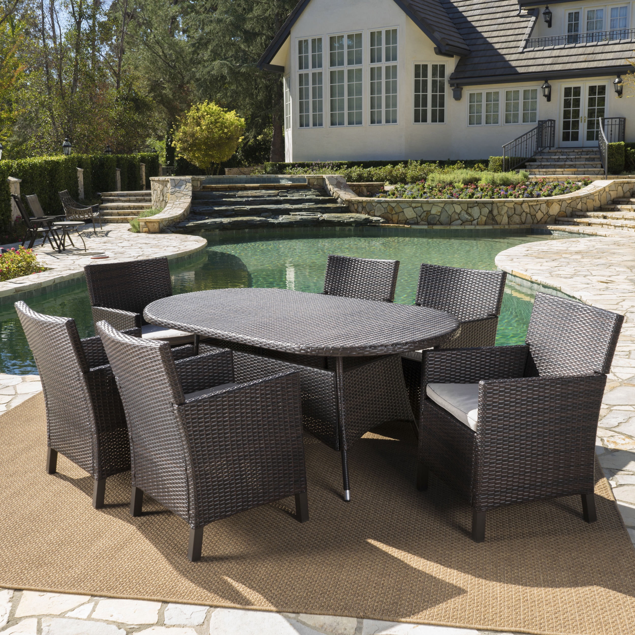 Clarance Outdoor 7 Piece Wicker Round Dining Set with Cushions, Multibrown, Light Brown