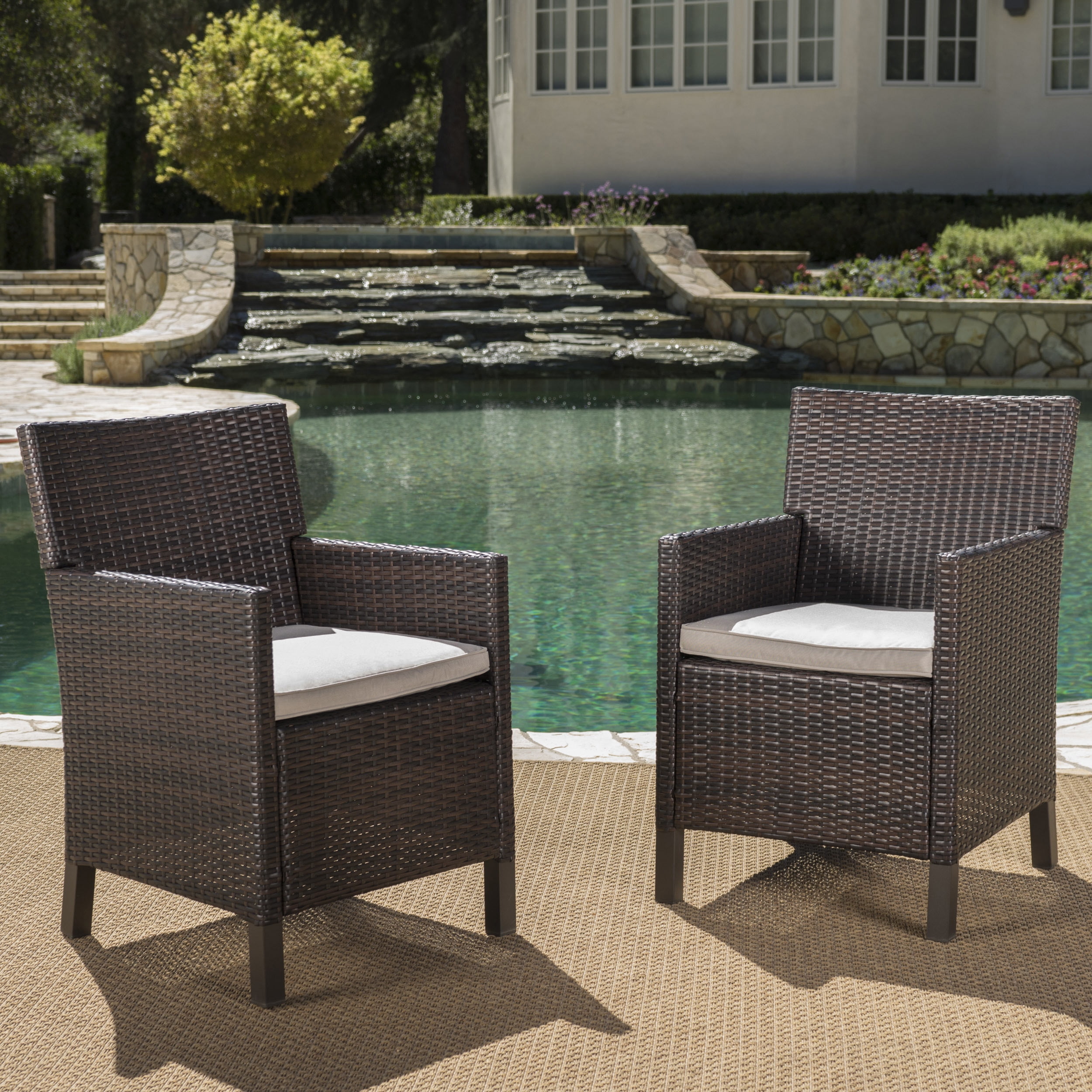 Clarance Outdoor Wicker Dining Chairs with Cushions, Set of 2, Multibrown, Light Brown