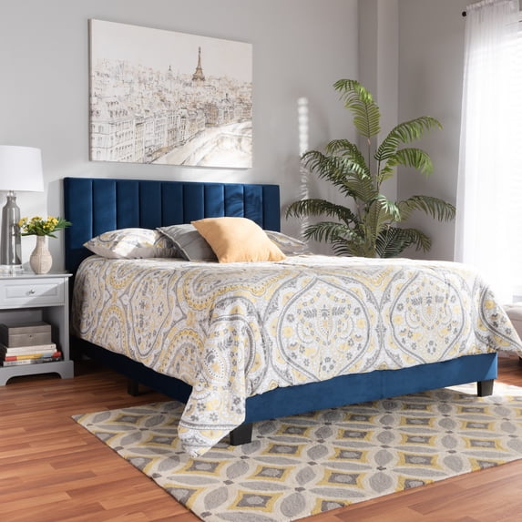 Clare Glam and Luxe Navy Blue Velvet Fabric Upholstered Queen Size Panel Bed