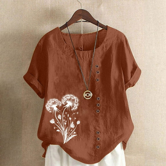 Clarence 5 Clothing Woman Linen Shirts for Women Short Sleeve Crewneck Shirts Casual Floral Summer Tops Oversized Cute Tshirts Beach Vacation Clothes Pullover Blouses Lounge Tunic Tees