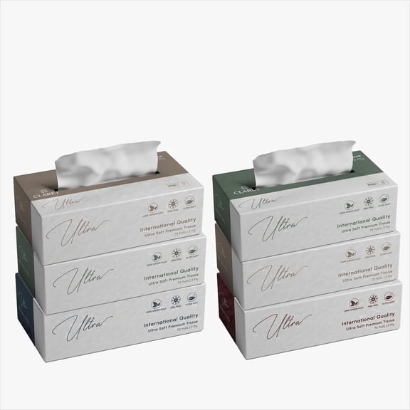 Claret Ultra Soft Facial Tissue, 3-Ply, 75 Sheets, 18 x 20 cm, 100% Virgin Pulp, Optical Brightener Free, 6 Tissue Boxes