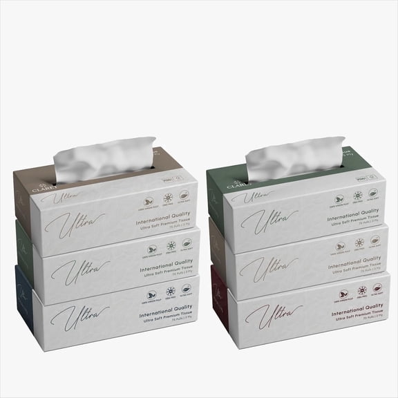 Claret Ultra Soft 3-Ply (18 x 20 cm) Facial Tissue | 75 Pulls | 100% Virgin Pulp | OBA Free (Pack of 6)