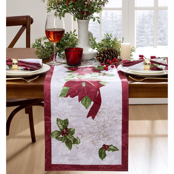 Elrene Home Fashions Clarette Poinsettia Holiday Fabric Table Runner, Rose, 14" x 70"