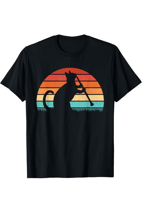 Clarinet Cat Player - Retro Clarinetist Music Lover T-ShirtMen and women, Black T-shirt, size: Extra large