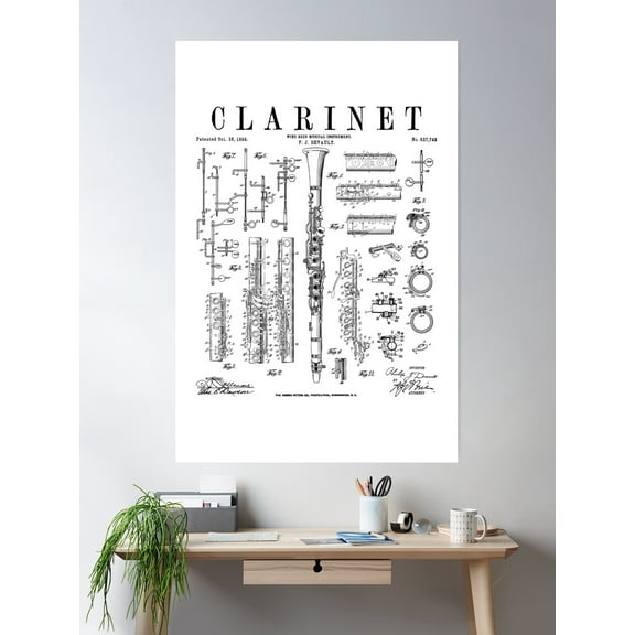Clarinet Vintage Patent Clarinetist Drawing Print Poster Wall Art, Modern Wall Decor For Living Room Bedroom, 12x18 UNFRAMED