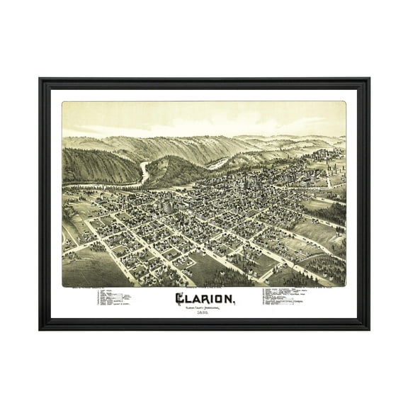 Clarion Art, 1896 Vintage Map of Clarion Pennsylvania, PA History Wall Decor Gift, Old Clarion Map - 24" x 18" Black Framed Print