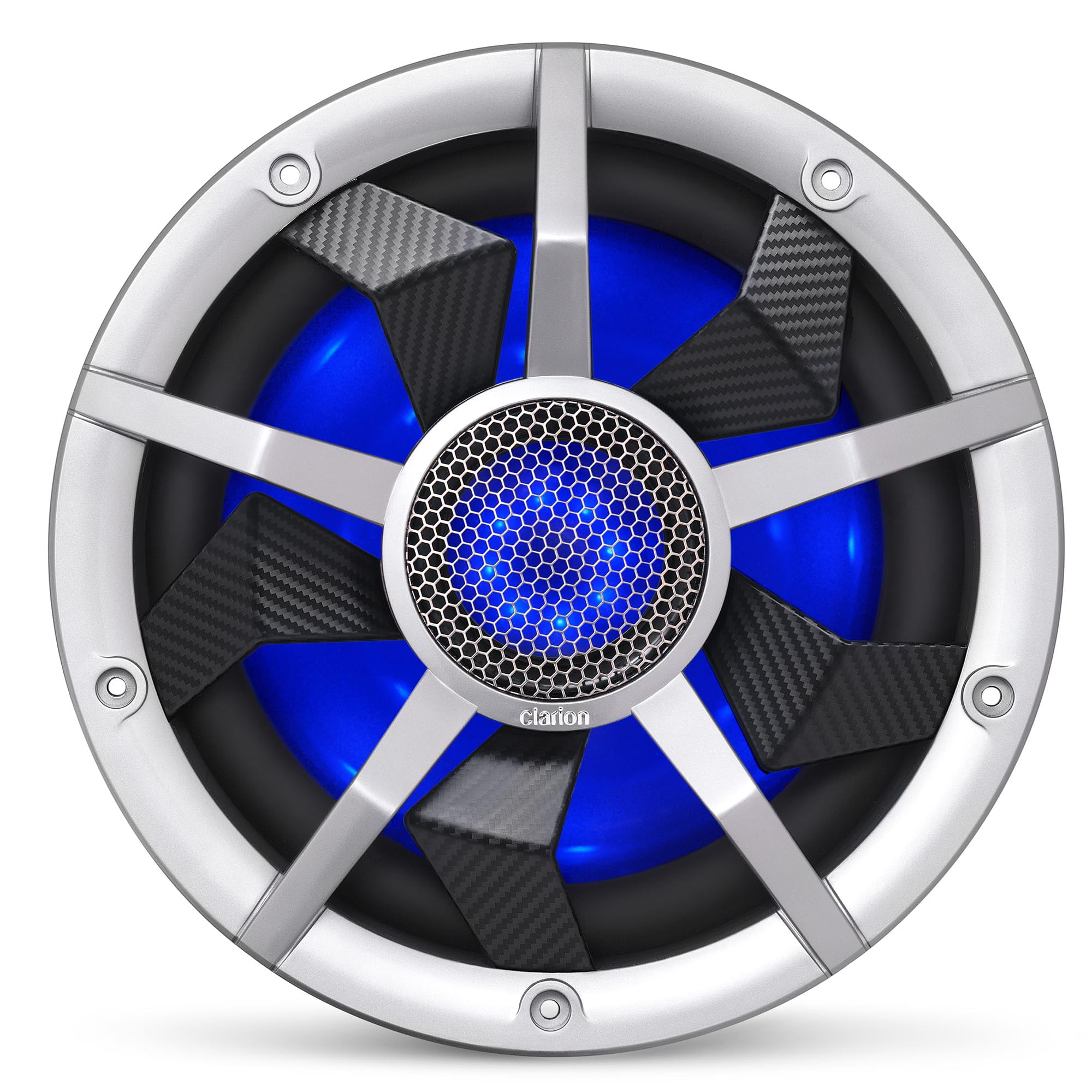 Clarion CM2513WL 10-inch Marine Subwoofer 250W RMS power handling Dual 2 ohm voice coils Built-in RGB illumination Includes Black & Silver Grilles