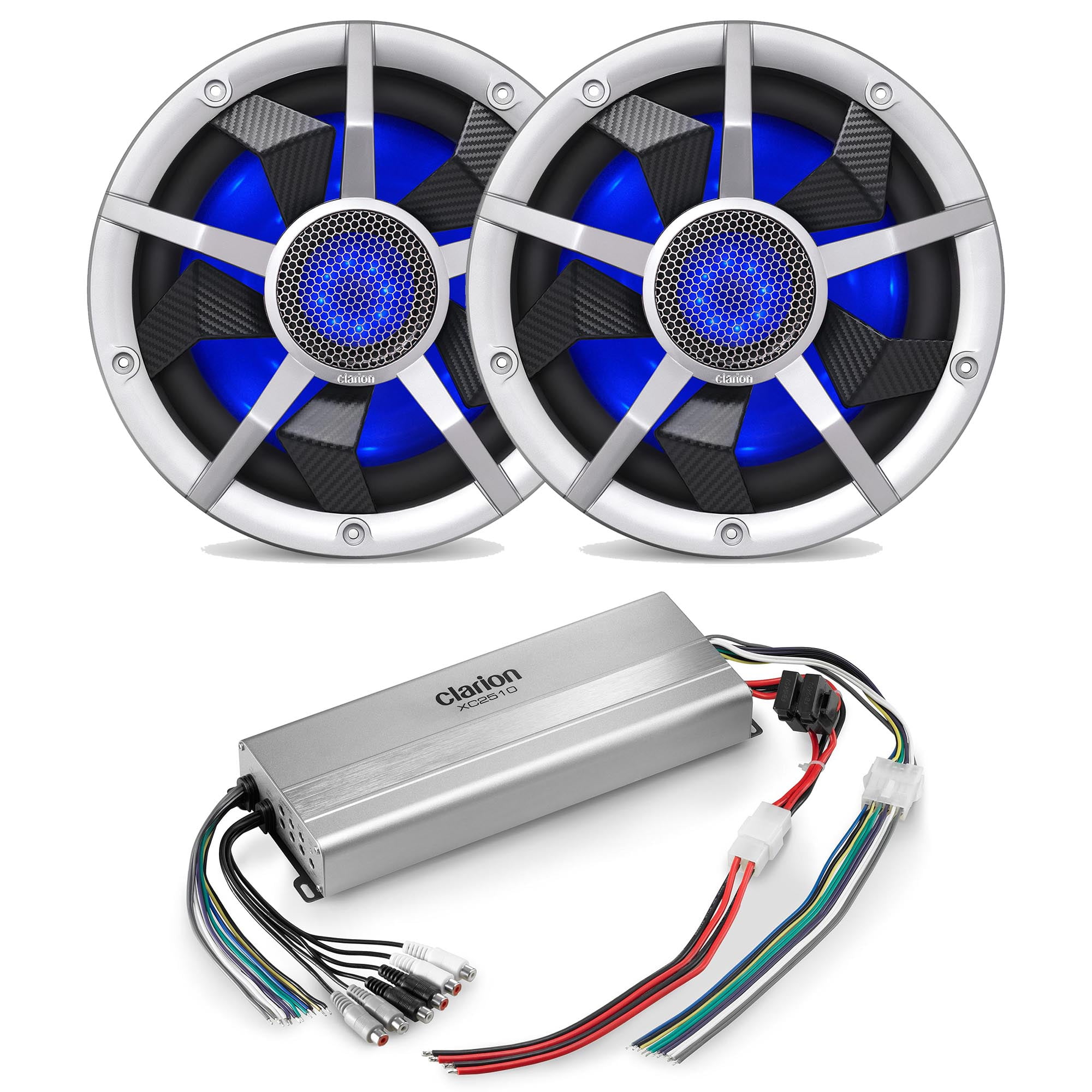 Clarion Marine (2) RGB LED CM2513WL 10-inch Marine Subwoofer 250W RMS power handling Dual 2 ohm and XC2510 Amplifier Bundle