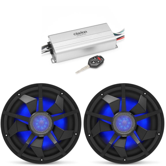 Clarion Marine 4 Channel Amp & (2) 12" Black Grill Boat Audio Upgrade Bundle