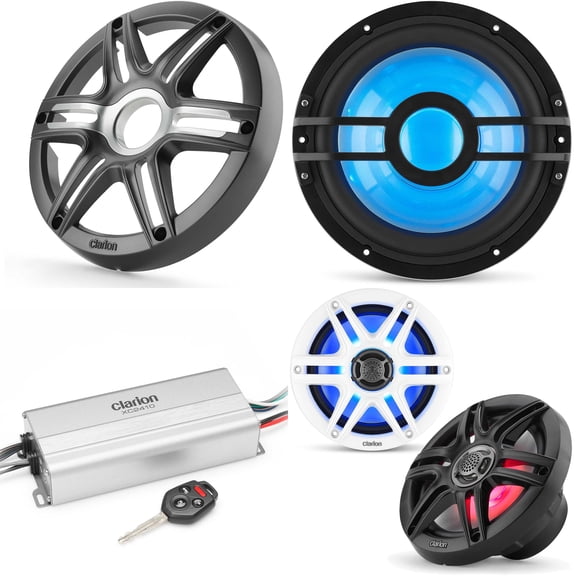 Clarion Marine 4 Channel Amp & 6.5" w/ 10" Grey Grill Boat Audio Upgrade Bundle