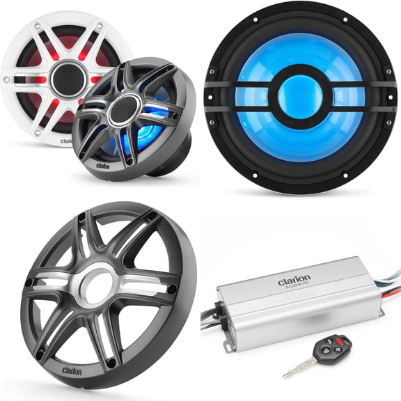 Clarion Marine 4 Channel Amp & Premium 6.5" w/ 10" Grey Grill Boat Audio Upgrade Bundle