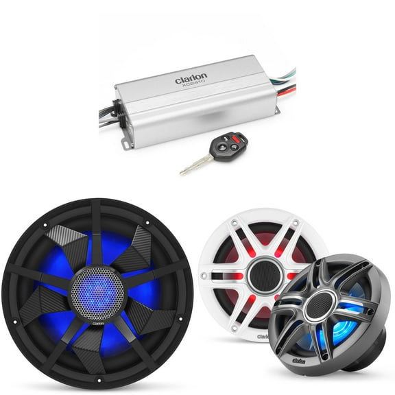 Clarion Marine 4 Channel Amp & Premium 6.5" w/ 12" Black Grill Boat Audio Upgrade Bundle