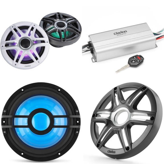 Clarion Marine 4 Channel Amp & Premium 7.7" w/ 10" Grey Grill Boat Audio Upgrade Bundle