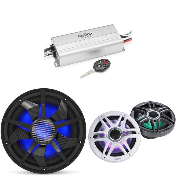 Clarion Marine 4 Channel Amp & Premium 7.7" w/ 12" Black Grill Boat Audio Upgrade Bundle