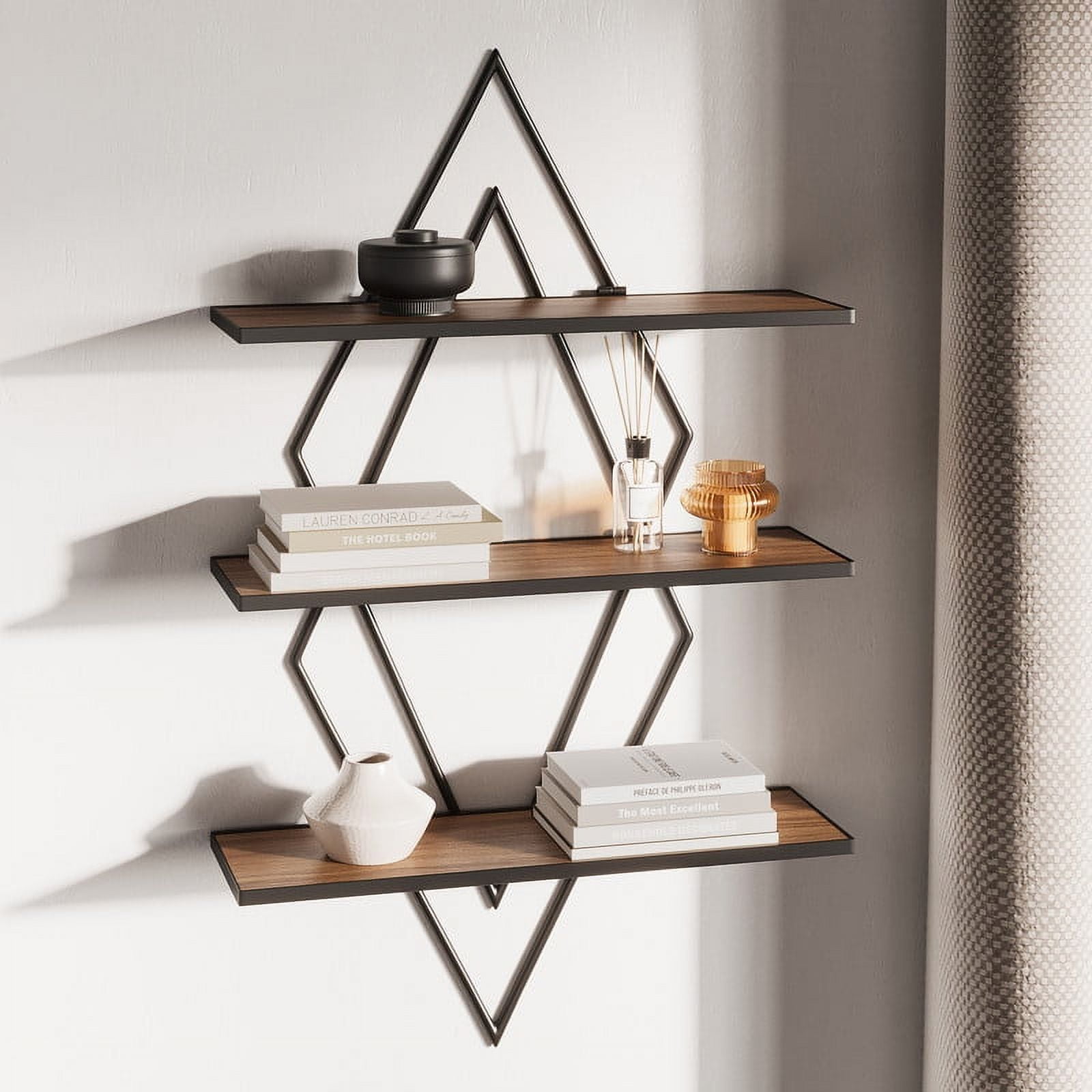 Clarissa Black Geometric Wood-Metal Modern Wall Shelf