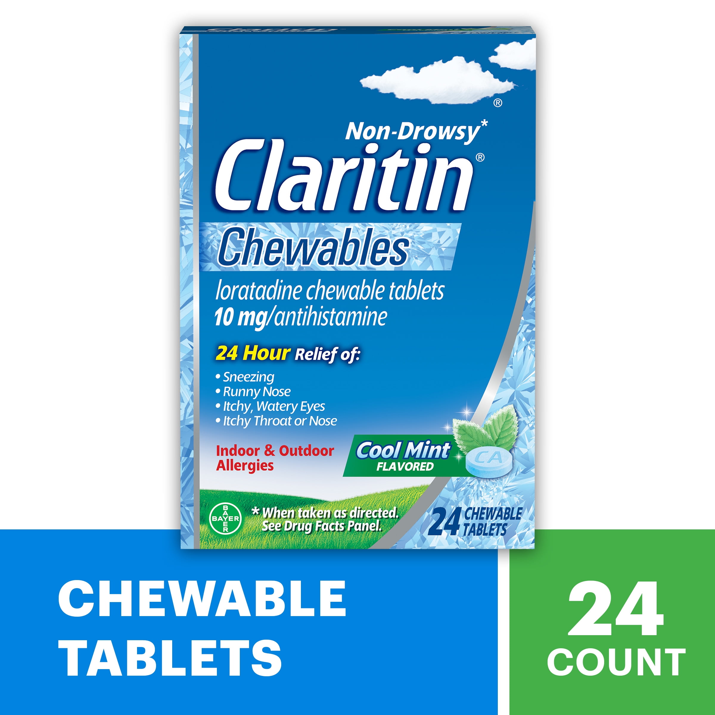 Claritin 24 Hour Non-Drowsy Antihistamine Allergy Relief Medicine Cool Mint Chewable Tablet, 24 Ct