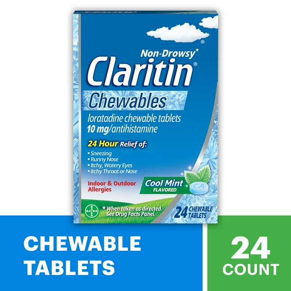 Claritin 24 Hour Non-Drowsy Antihistamine Allergy Relief Medicine Cool Mint Chewable Tablet, 24 Ct