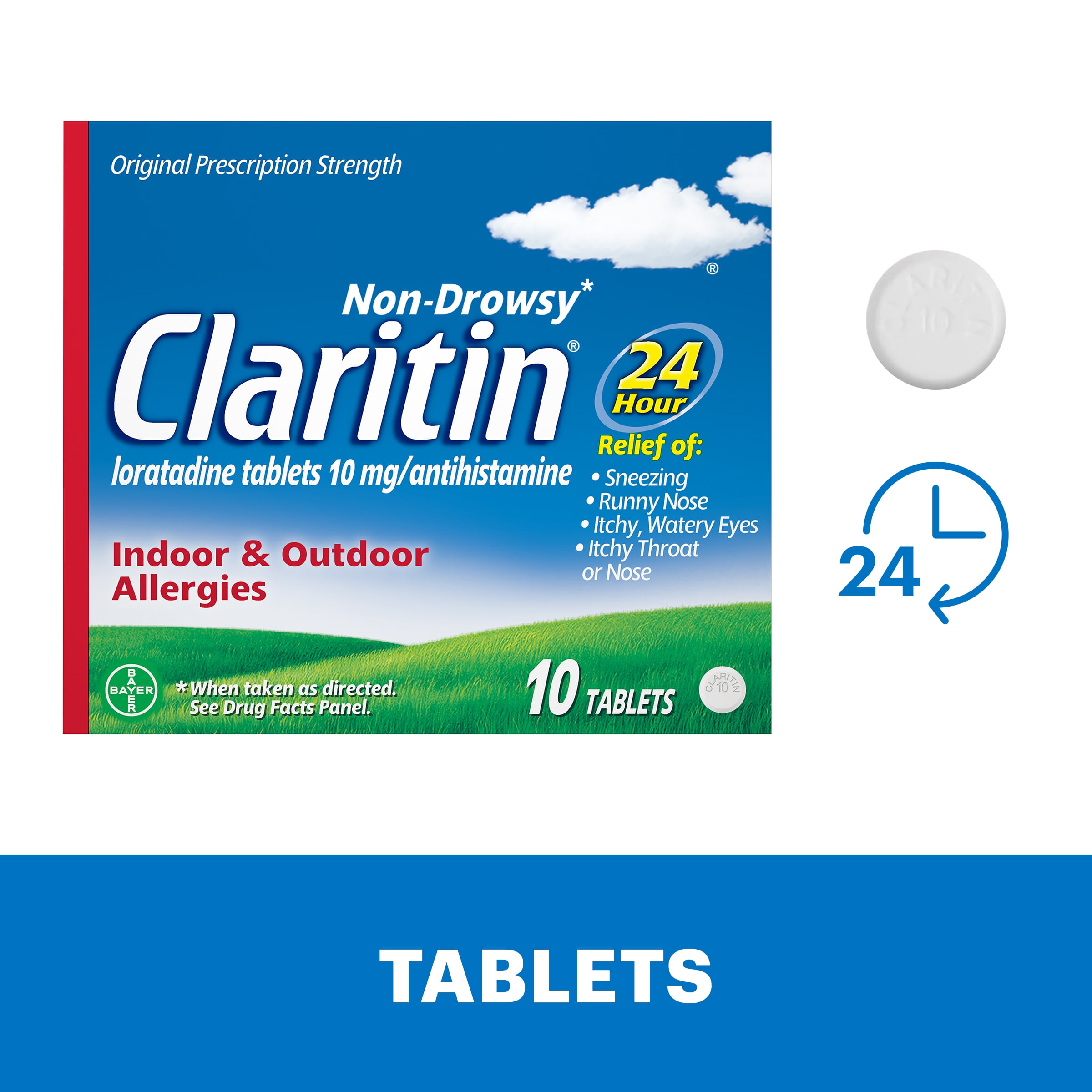 Claritin Allergy Relief 24 Hour Non-Drowsy Loratadine Antihistamine Allergy Medicine Tablets, 10 Count
