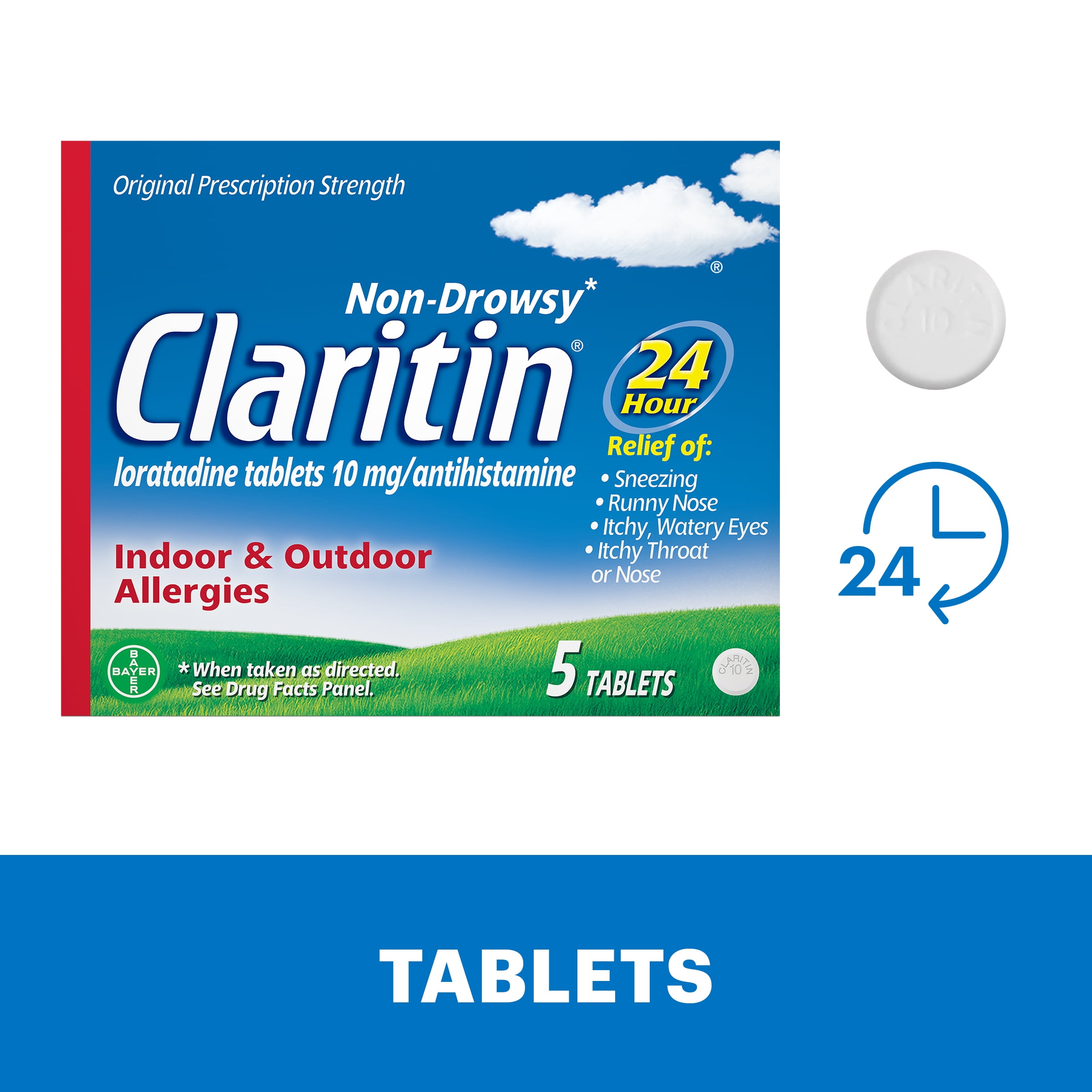 Claritin 24 Hour Non-Drowsy Allergy Medicine, Loratadine Antihistamine Tablets, 5 Ct
