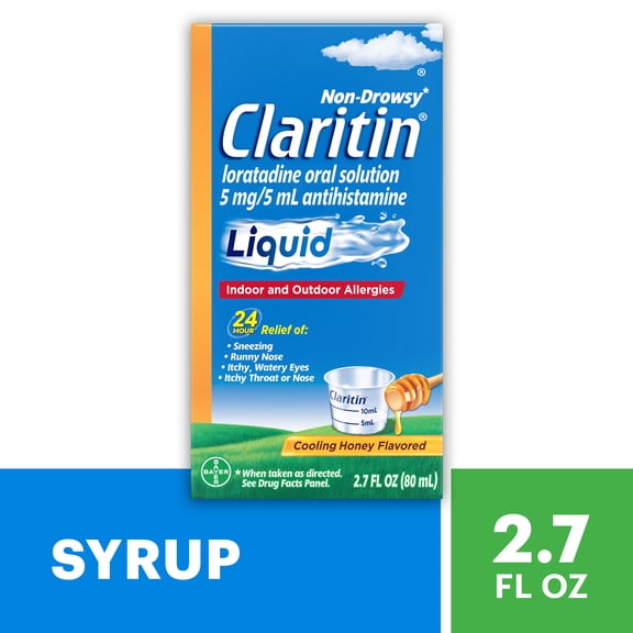 Claritin 24 Hour Non-Drowsy Loratadine Antihistamine Allergy Relief Medicine, Cooling Honey Syrup, 5 mg, 2.7 oz