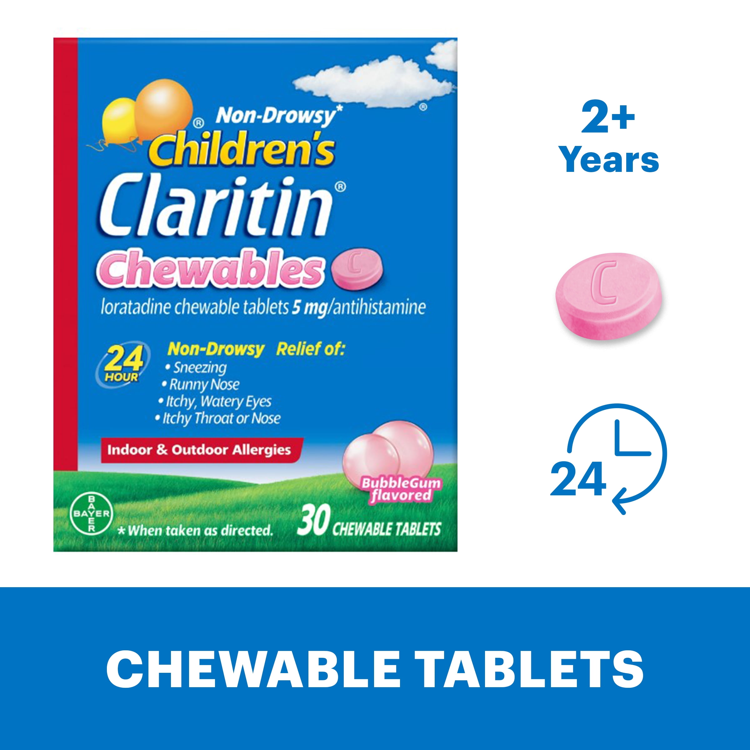 Children's Claritin 24 Hour Non-Drowsy Allergy Relief, Loratadine Antihistamine Bubblegum Chewable Tablets, 30 Count