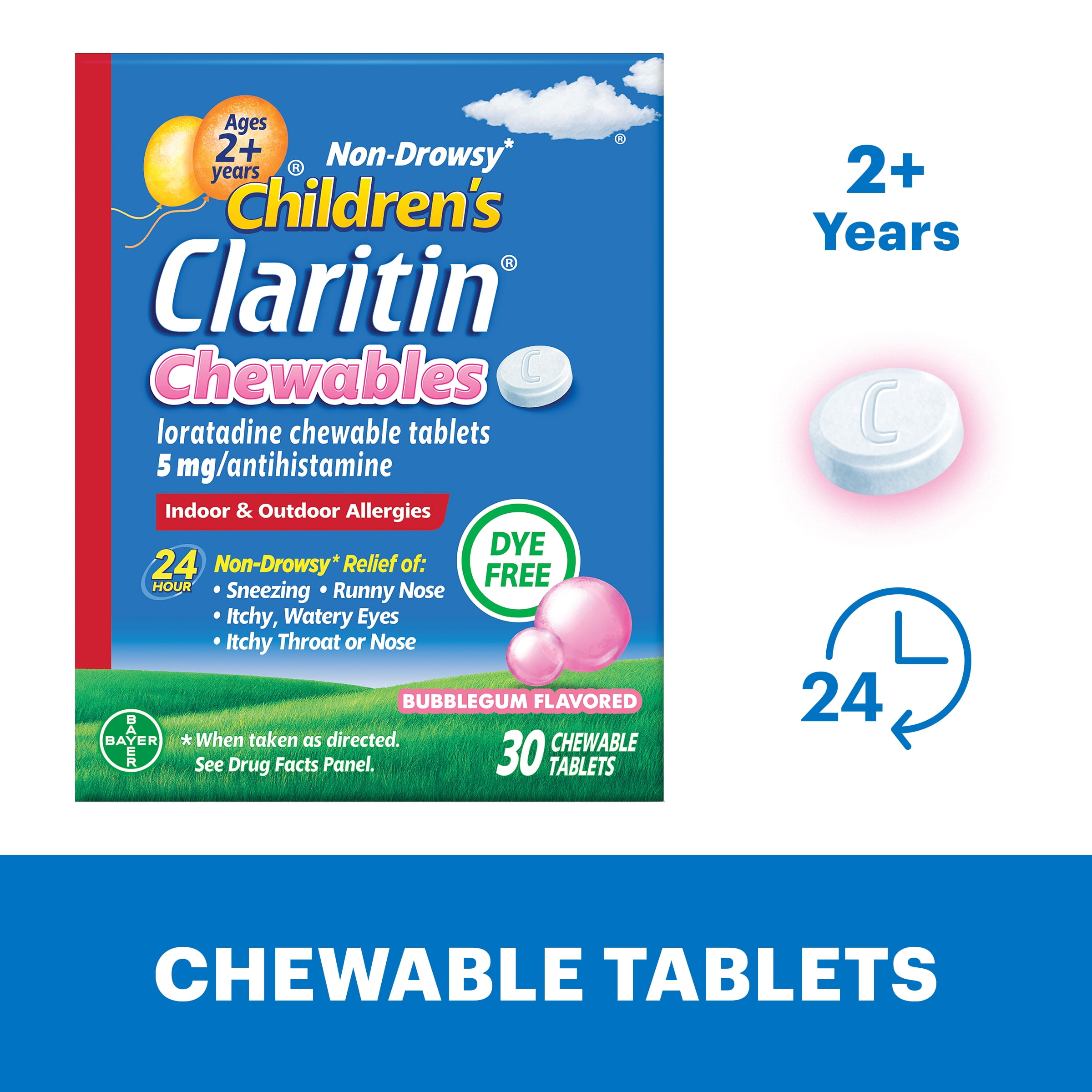 Children's Claritin 24 Hour Non-Drowsy Allergy Relief, Loratadine Antihistamine Bubblegum Chewable Tablets, 30 Count