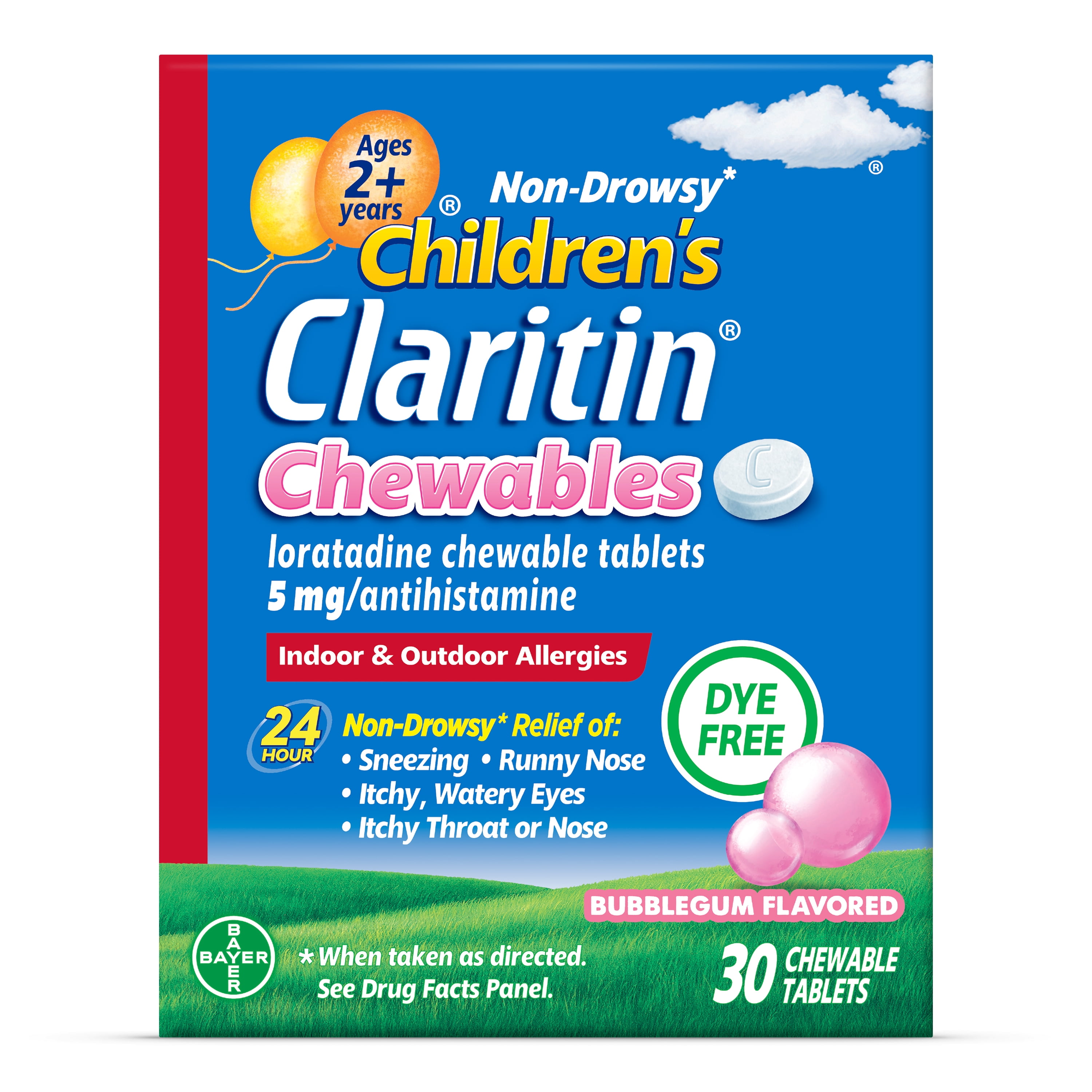 Children's Claritin 24 Hour Non-Drowsy Allergy Relief, Loratadine Antihistamine Bubblegum Chewable Tablets, Dye-free, 30 Count