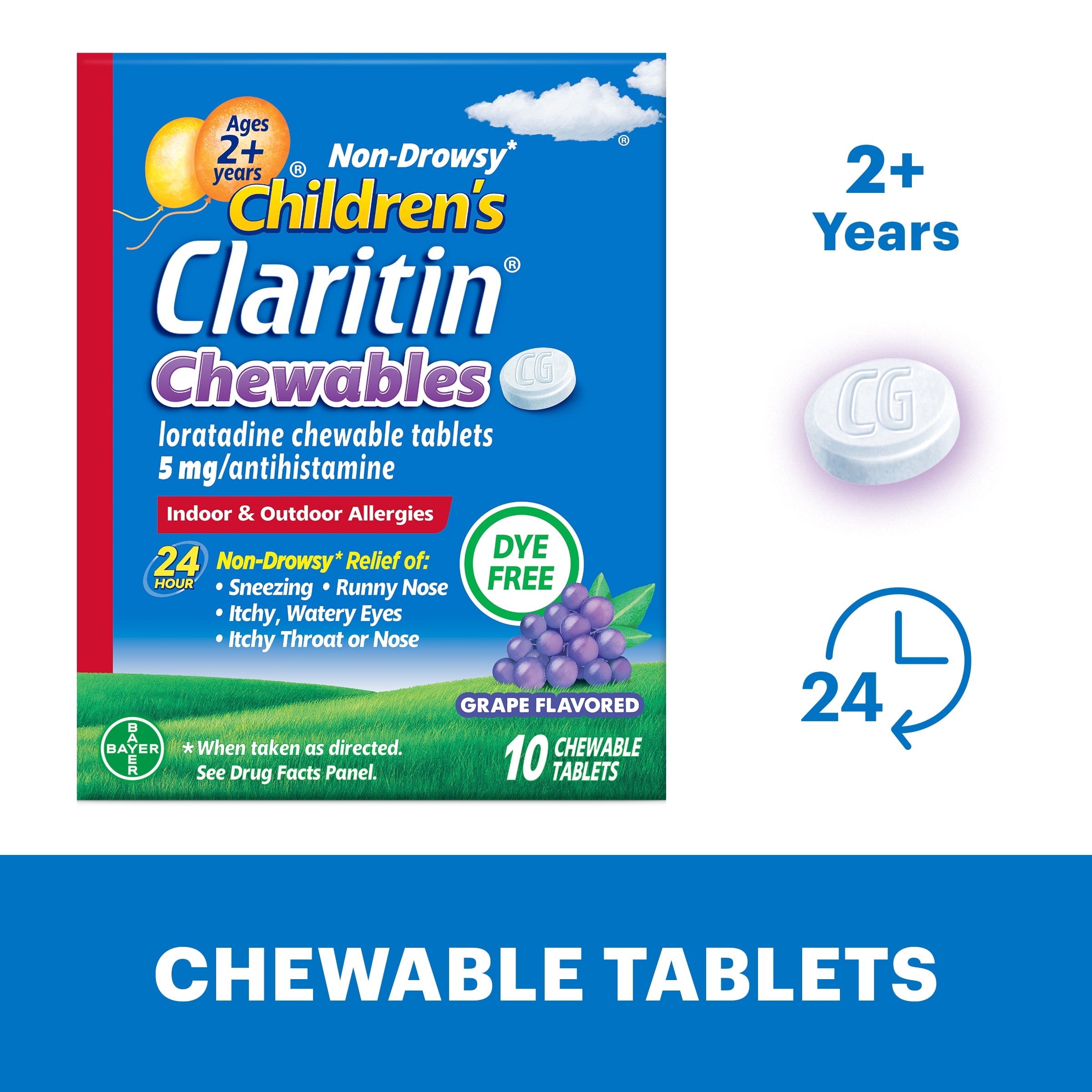 Claritin Allergy Medicine for Kids, Loratadine Antihistamine Grape Chewable Tablets, 10 Ct