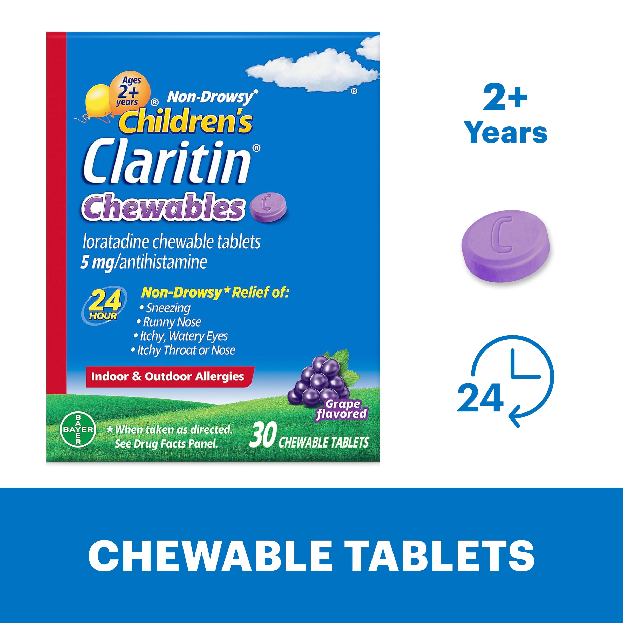 Children's Claritin 24 Hour Non-Drowsy Allergy Relief, Grape Chewable Tablets, 30 Count