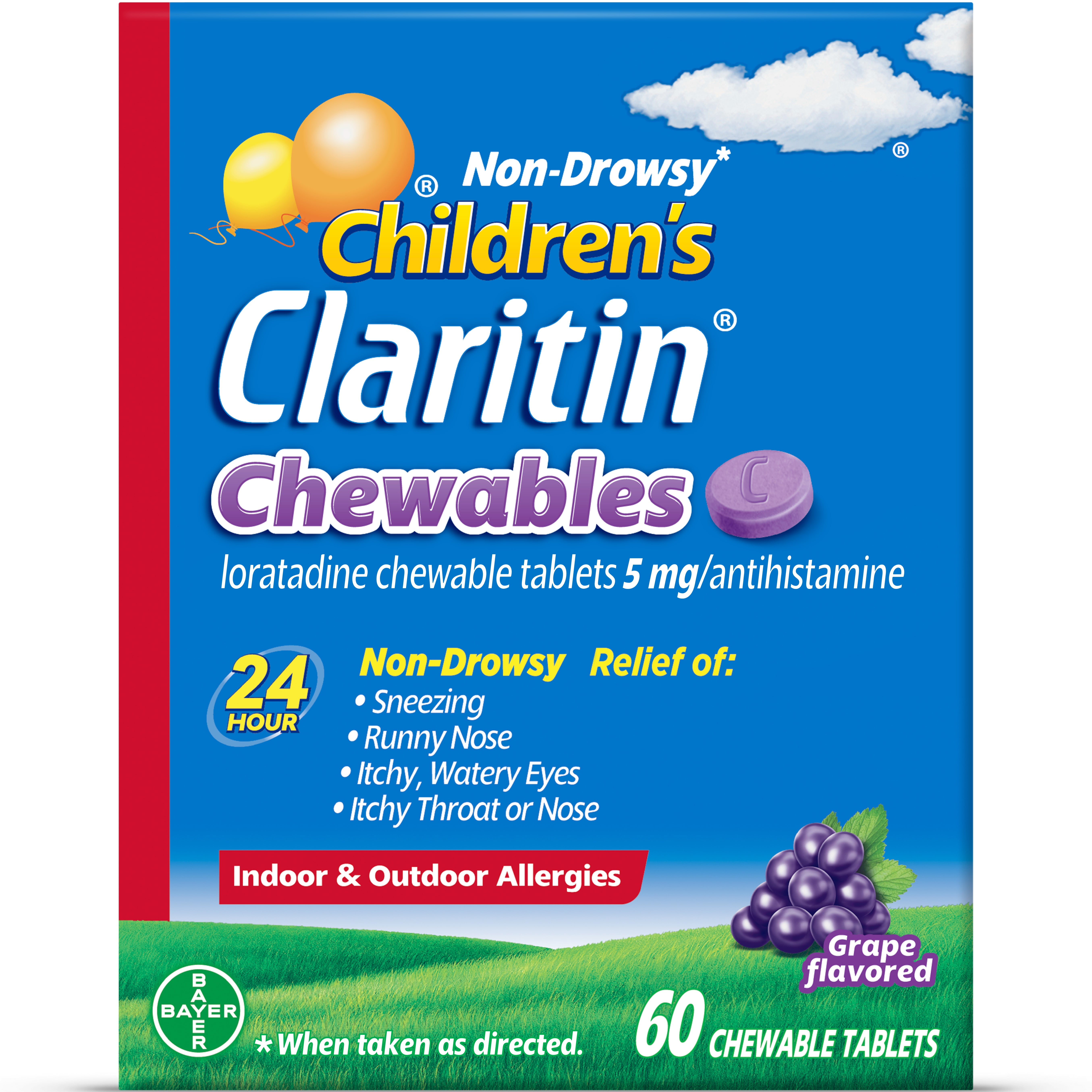 Claritin Allergy Medicine for Kids, Loratadine Antihistamine Grape Chewable Tablets, 60 Ct