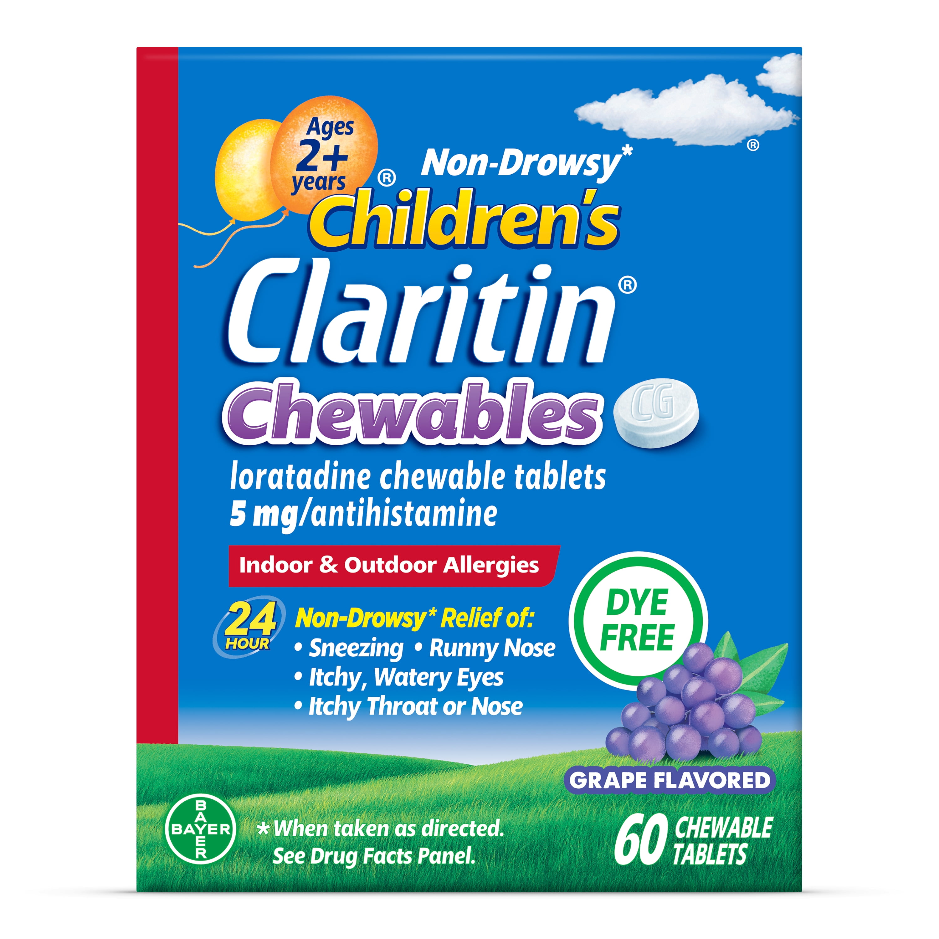 Claritin Allergy Medicine for Kids, Loratadine Antihistamine Grape Chewable Tablets, Dye-free, 60 Count