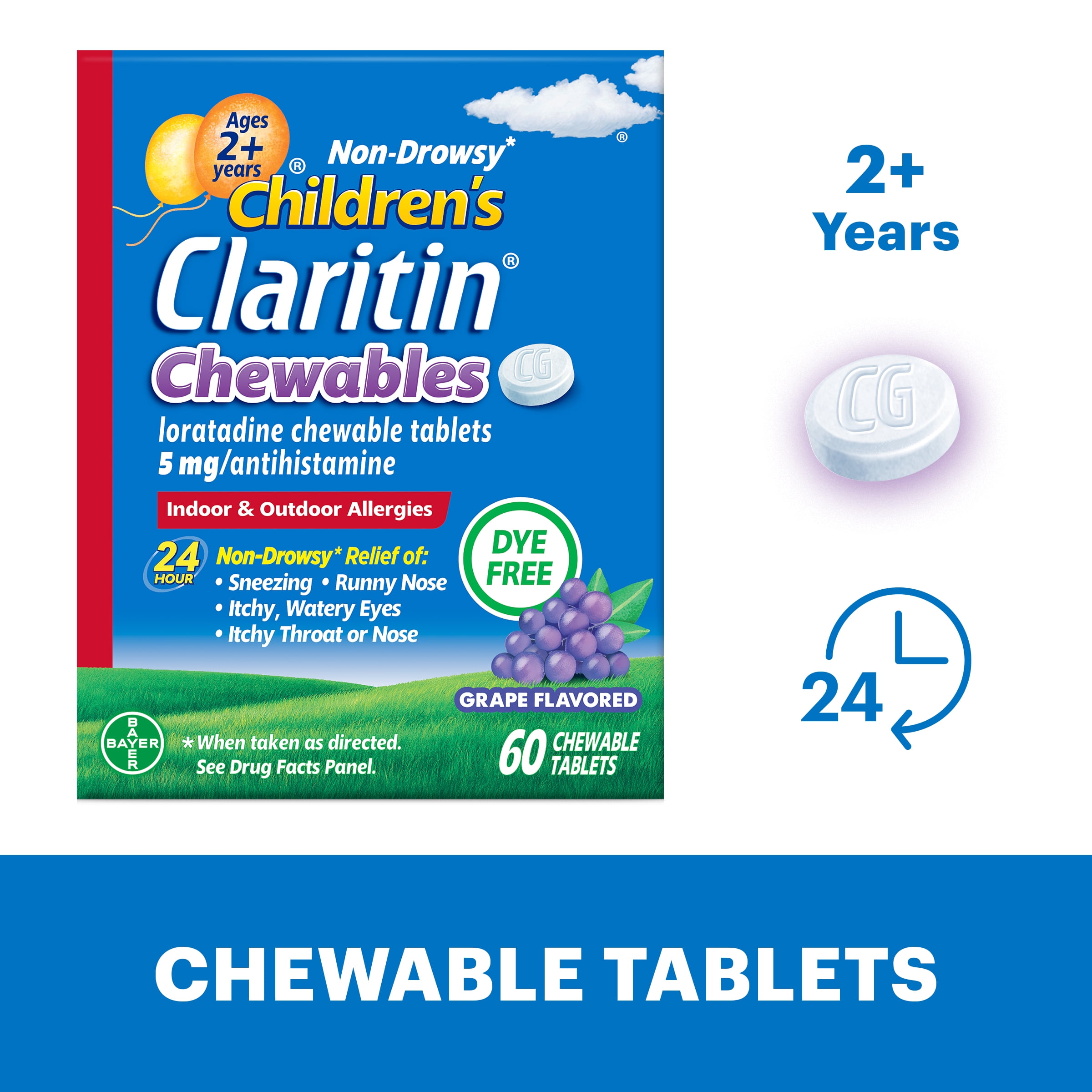 Claritin Allergy Medicine for Kids, Loratadine Antihistamine Grape Chewable Tablets, 60 Ct