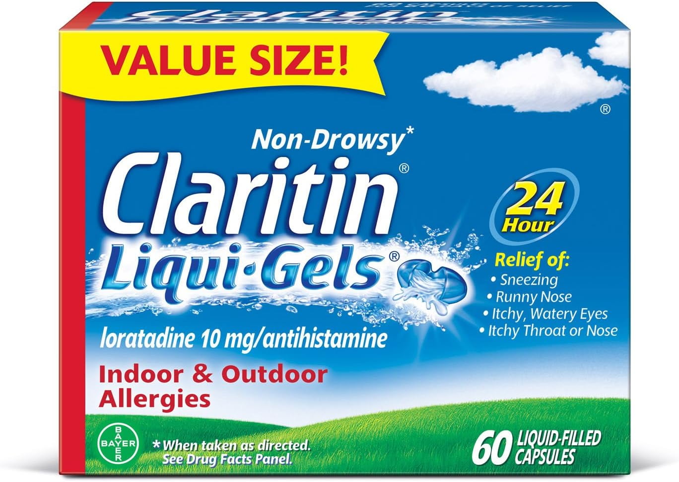 Claritin 24 Hour NonDrowsy Allergy Relief Liquid Gel, Loratadine, 60ct