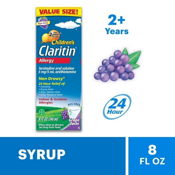 Claritin Children's 24 Hour Allergy Medicine for Kids, Non-Drowsy Allergy Relief, Loratadine Antihistamine, Grape Flavored Syrup, 8 oz