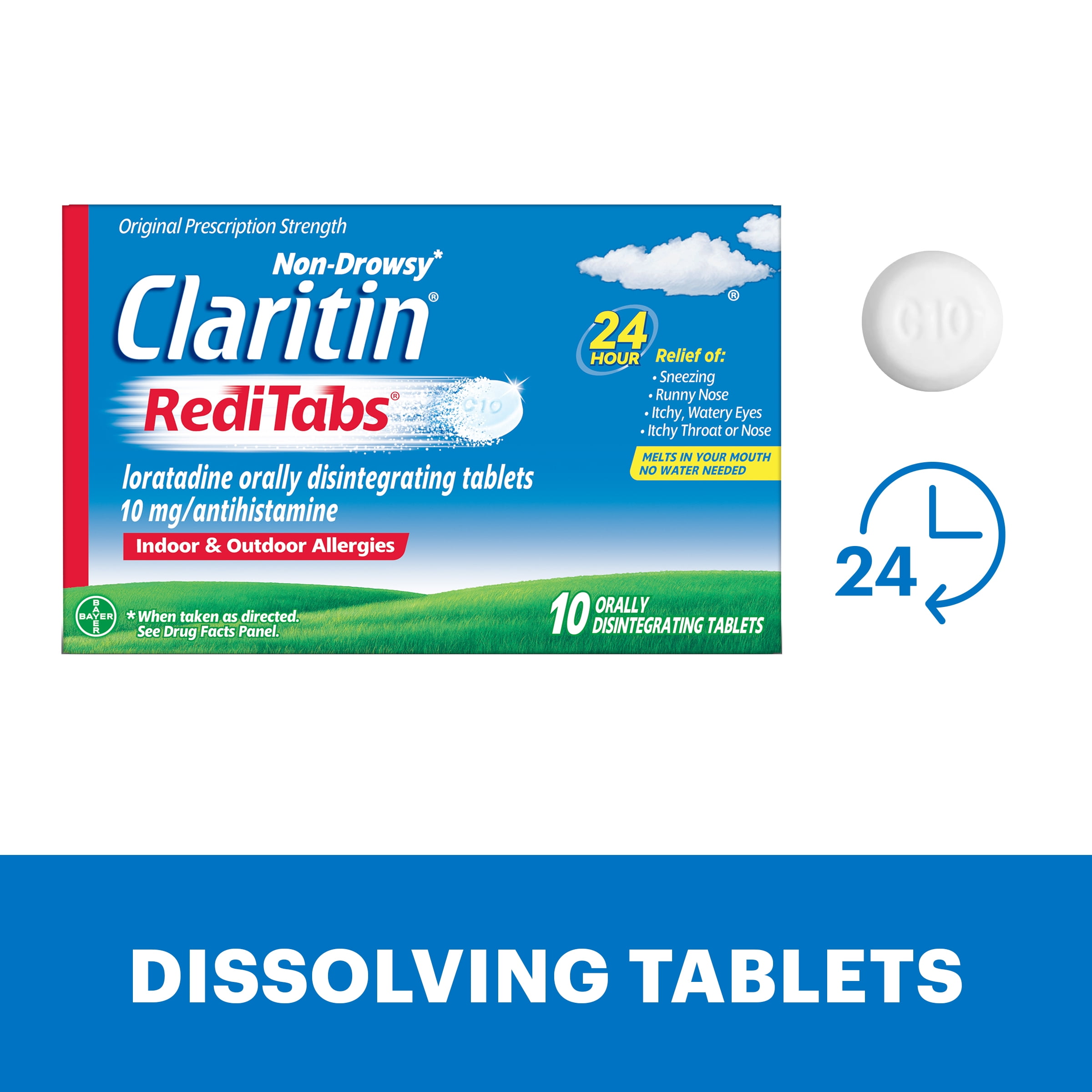 Claritin RediTabs 24 Hour Non-Drowsy Allergy Medicine, Loratadine Antihistamine Tablets, 10 Ct