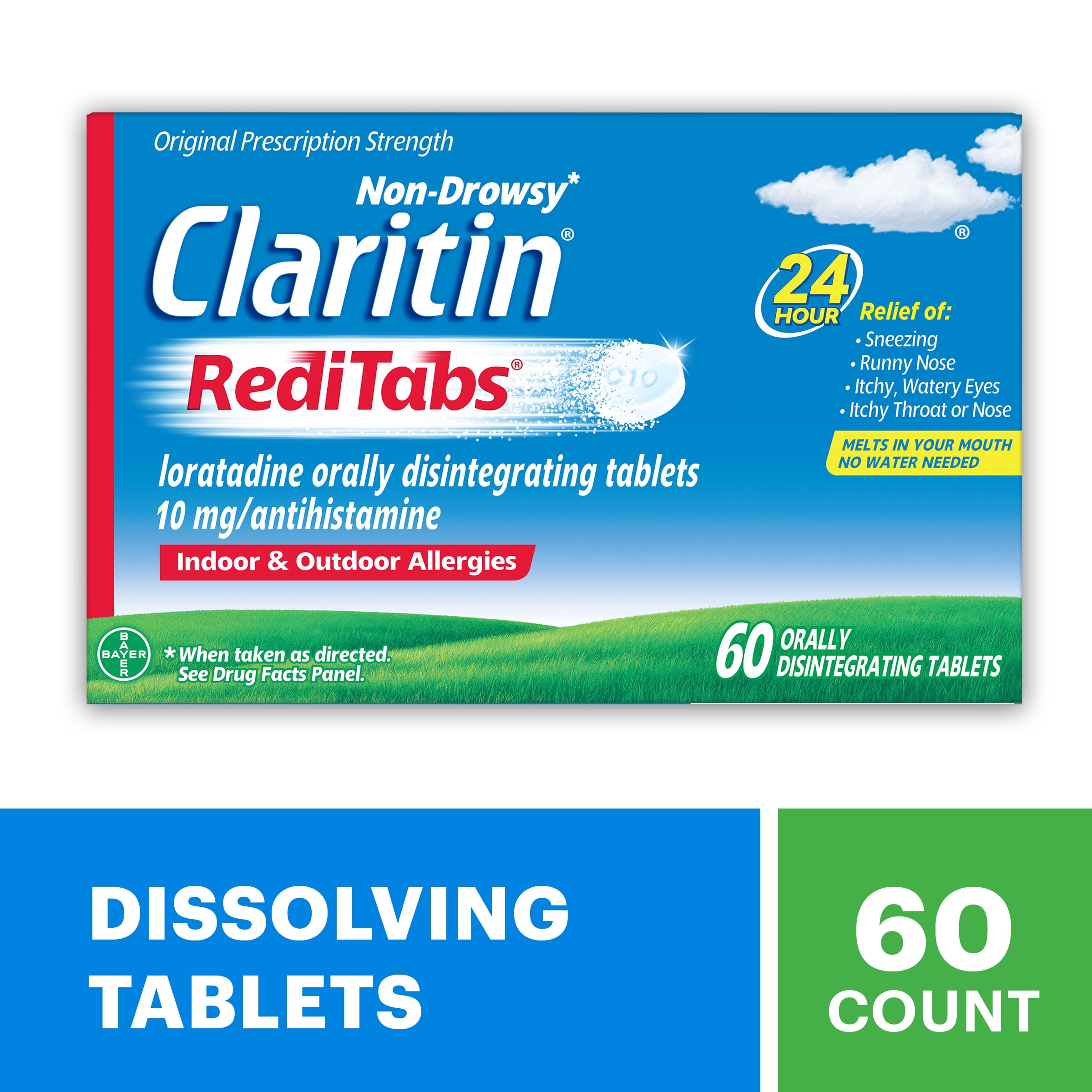 Claritin RediTabs 24 Hour Non-Drowsy Allergy Medicine, Loratadine Antihistamine Tablets, 60 Ct