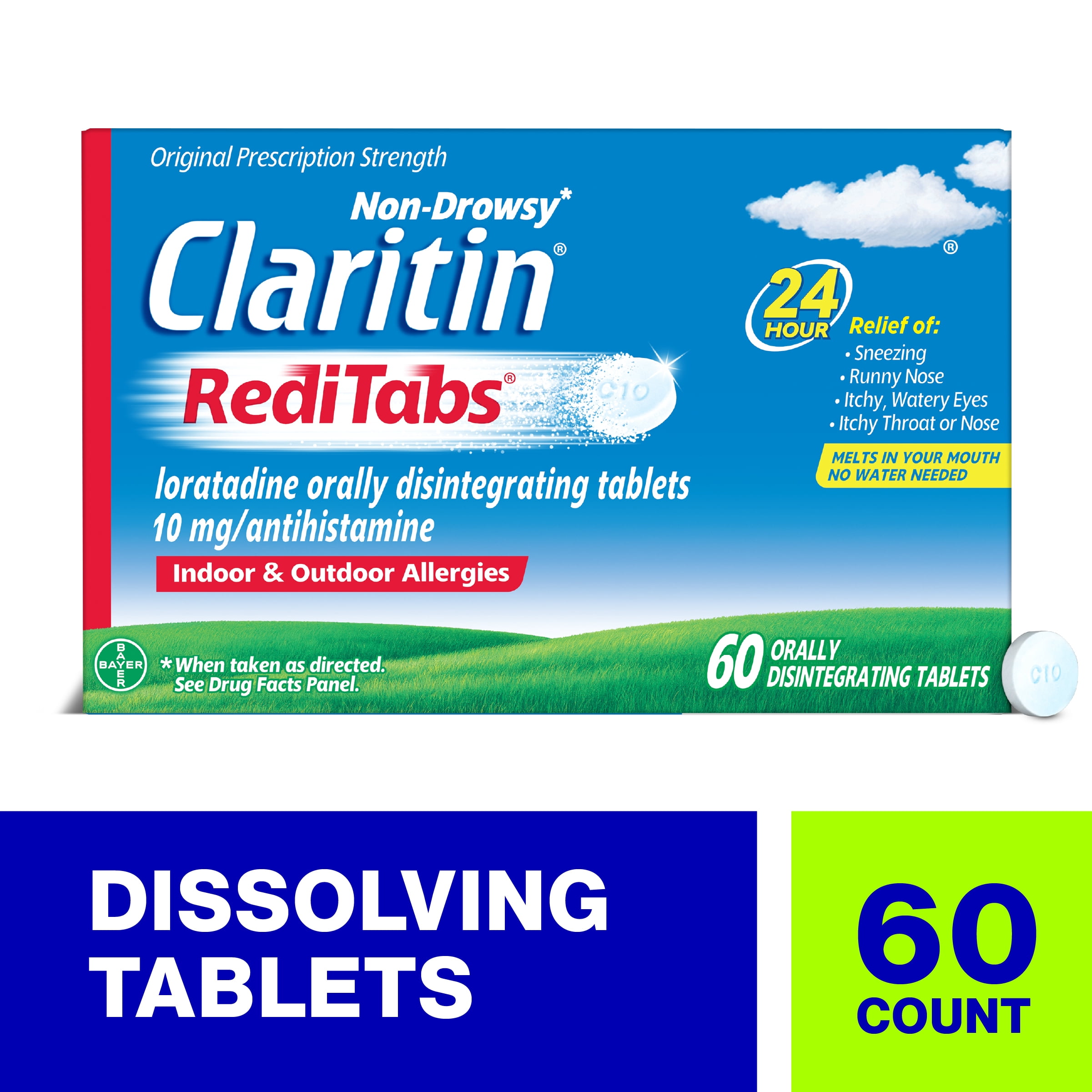 Claritin RediTabs 24 Hour Non-Drowsy Allergy Medicine, Loratadine Antihistamine Tablets, 60 Ct