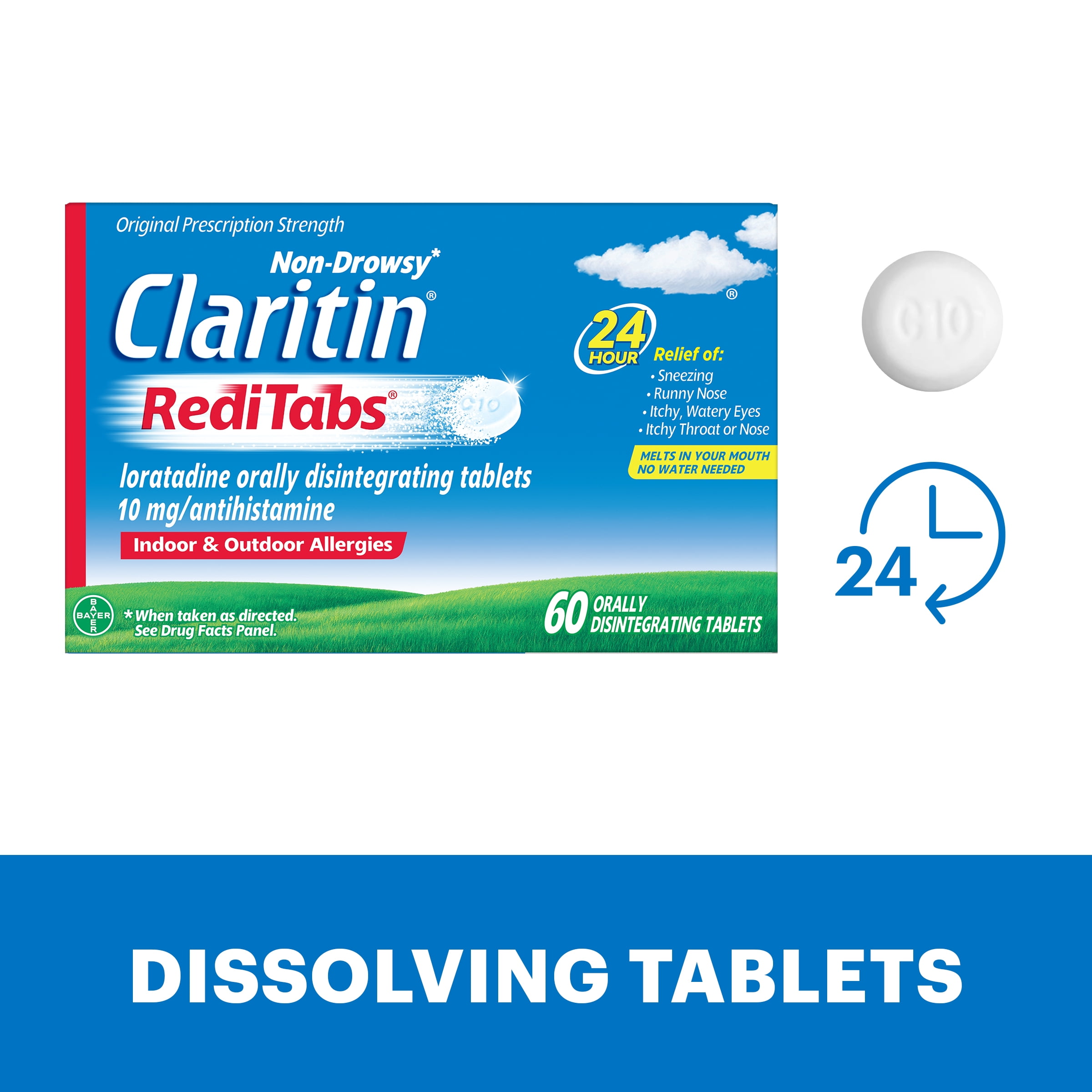 Claritin RediTabs 24 Hour Non-Drowsy Allergy Medicine, Loratadine Antihistamine Tablets, 60 Ct