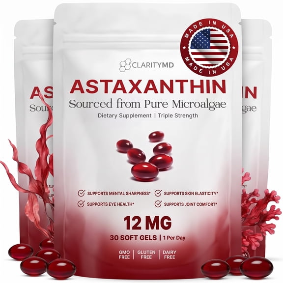 ClarityMD Astaxanthin 12mg Antioxidants Supplement Natural Microalgae Source Lipid-Based Softgel for Enhanced Absorption Cognitive, Vision & Joint Support 30 Softgels (3 Packs)